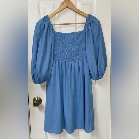 Tuckernuck Dress Women's XS XSmall Smocked Mini Linen Blend Puff Sleeve Blue - Picture 2 of 9